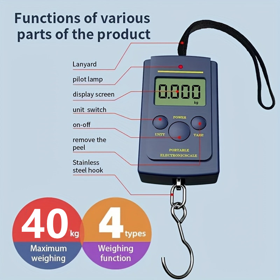 Electronic Gadgets - เครื่องชั่งน้ําหนักแบบแขวนดิจิตอลอิเล็กทรอนิกส์ขนาดเล็กมัลติฟังก์ชั่นขนาด 40 กก. เครื่องมือสําหรับตกปลากระเป๋าเดินทางกระเป๋าเดินทางเครื่องชั่งน้ําหนักตะขอเดินทาง