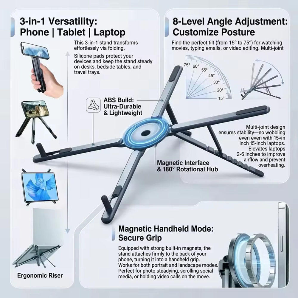 Auto Tracking Tripod - ที่วางโทรศัพท์แม่เหล็กแบบพกพาและไม้เซลฟี่ 3-in-1 ขาตั้งกล้องพับได้สำหรับใช้งานกับ iPhone, iPad, แท็บเล็ต,